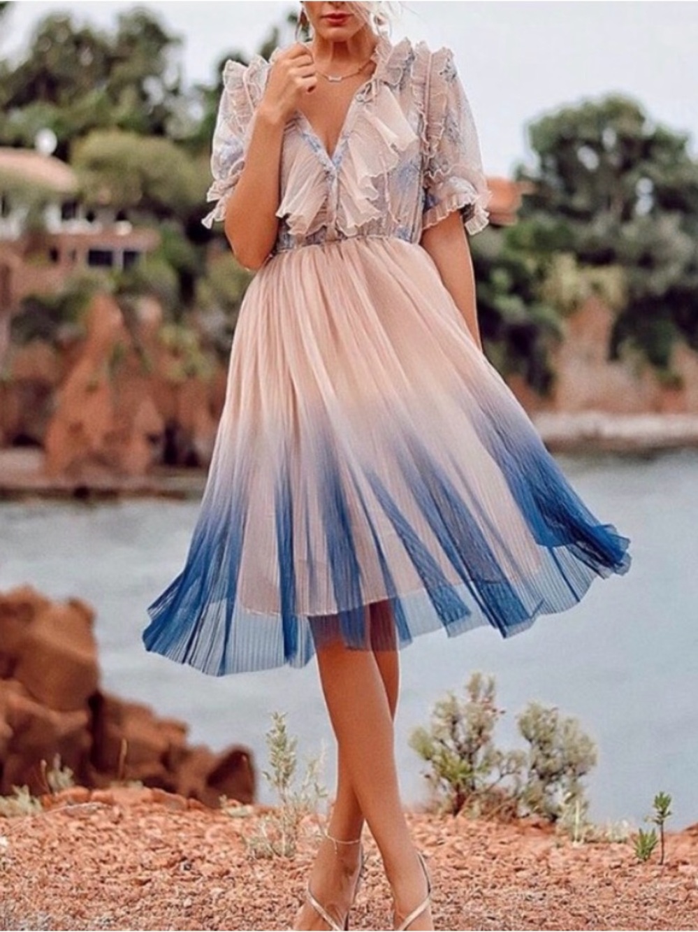 CHICWISH Pleated Ombre Midi Dress in Blush to Blue SZ S/M NWOT